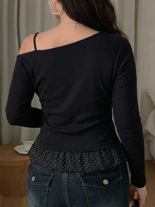 Dazy Plus Polka Dot Camisole & Tie-Front Cardigan 2 Pieces Set, Loose Casual Versatile Spring/Autumn Outfit - Black - View 4