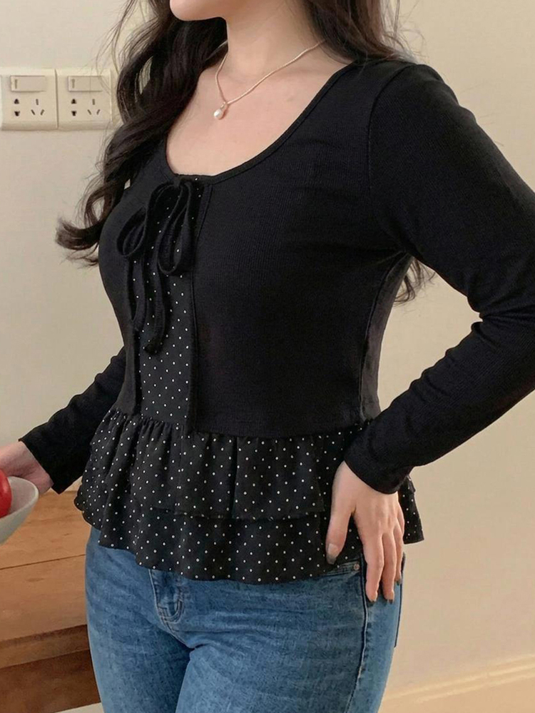 Dazy Plus Polka Dot Camisole & Tie-Front Cardigan 2 Pieces Set, Loose Casual Versatile Spring/Autumn Outfit - Black - View 3