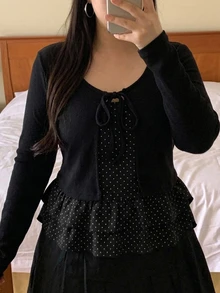 Dazy Plus Polka Dot Camisole & Tie-Front Cardigan 2 Pieces Set, Loose Casual Versatile Spring/Autumn Outfit - Black - View 2