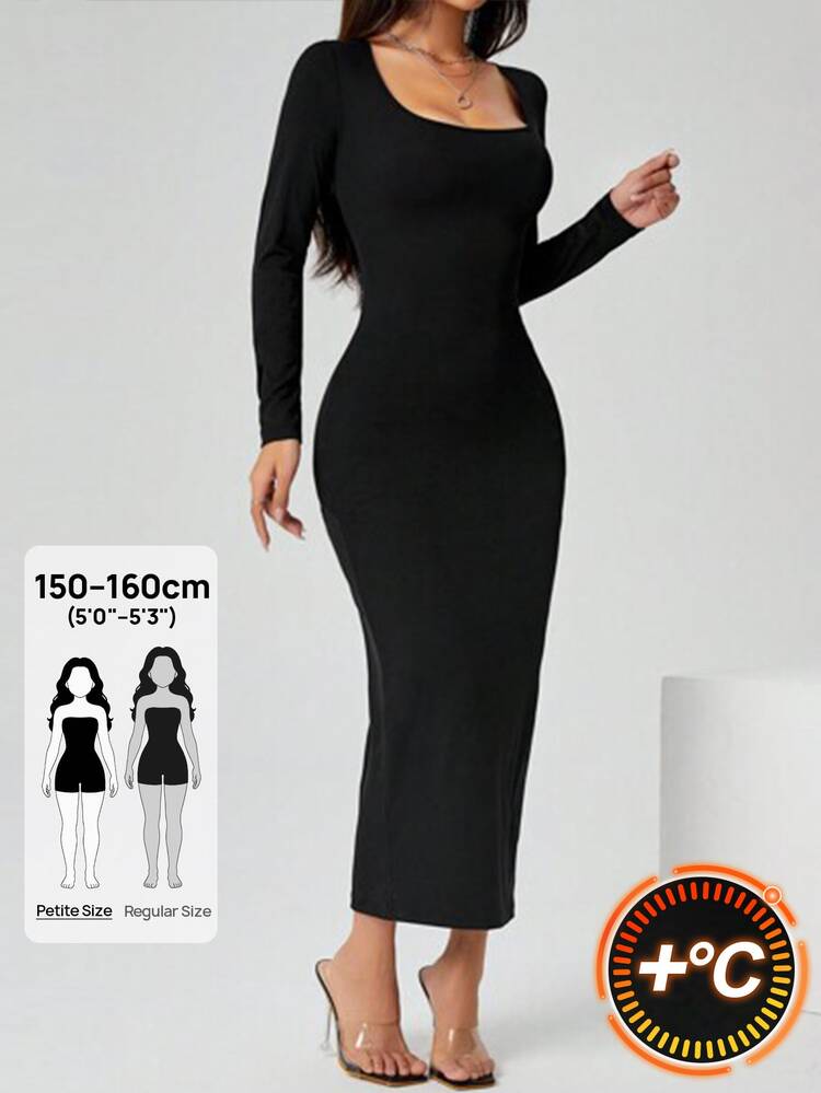SHEIN PETITE Women's Square Neck Fitted Black Long Sexy Elegant Dress - Black - View 13