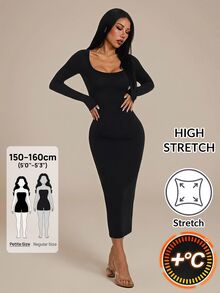 SHEIN PETITE Women's Square Neck Fitted Black Long Sexy Elegant Dress - Black - View 11