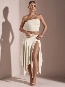 SHEIN BAE Women's Summer Solid Color Ruched Strapless Top + Asymmetrical High Slit Skirt,Valentine's Day,Valentine Outfits For Women - Apricot - View 6