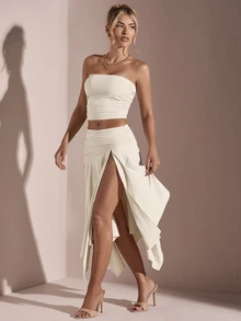 SHEIN BAE Women's Summer Solid Color Ruched Strapless Top + Asymmetrical High Slit Skirt,Valentine's Day,Valentine Outfits For Women - Apricot - View 5
