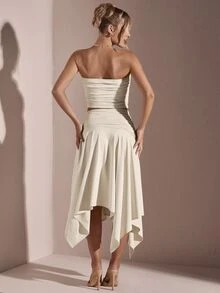 SHEIN BAE Women's Summer Solid Color Ruched Strapless Top + Asymmetrical High Slit Skirt,Valentine's Day,Valentine Outfits For Women - Apricot - View 2
