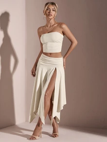 SHEIN BAE Women's Summer Solid Color Ruched Strapless Top + Asymmetrical High Slit Skirt,Valentine's Day,Valentine Outfits For Women - Apricot - View 3