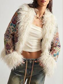 Bohemela Women's Jacquard Patchwork Fuzzy Long Sleeve Loose Fashion Jacket - Multicolor - View 5
