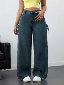 SHEIN ICON 女款休閒寬鬆蝴蝶結牛仔長褲，藍色，適合高個女性 - 深色水洗藍 - 查看 8