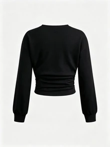 Tween Girl Tween Girl Black And White Pullover Sweatshirt, Cinched Waist Ruched Loose Casual Versatile Everyday School Back To School Fall New - Black - View 2