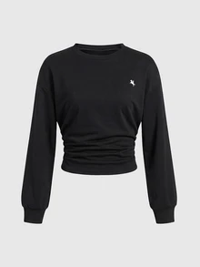 Tween Girl Tween Girl Black And White Pullover Sweatshirt, Cinched Waist Ruched Loose Casual Versatile Everyday School Back To School Fall New - Black - View 3