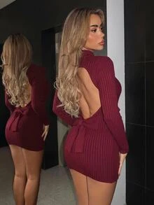 SHEIN ICON Women's Solid Color Backless Casual Sexy Daily Knit Dress Night Out Burgundy Autumn Going Out - Burgundy - View 4
