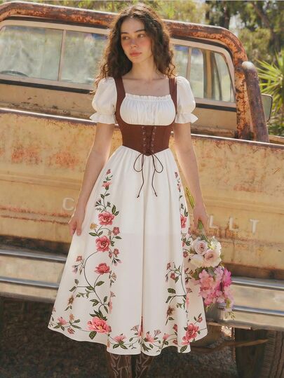 Skyraze Women's Floral Print Elegant Cottagecore White And Pink Summer Maxi Dress Picnic Garden Party Holiday Waist Tie Petal Sleeve Boho Wedding