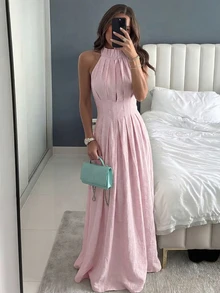 Aloruh 女士夏季连衣裙，时尚褶皱领优雅修身亚麻连衣裙；夏季波西米亚风亚麻修身A字无袖连衣裙；优雅女士无袖亚麻连衣裙；休闲度假连衣裙 - 淺粉色 - 查看 8