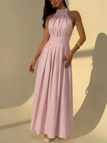 Aloruh 女士夏季连衣裙，时尚褶皱领优雅修身亚麻连衣裙；夏季波西米亚风亚麻修身A字无袖连衣裙；优雅女士无袖亚麻连衣裙；休闲度假连衣裙 - 淺粉色 - 查看 4