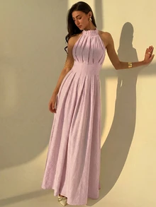 Aloruh 女士夏季连衣裙，时尚褶皱领优雅修身亚麻连衣裙；夏季波西米亚风亚麻修身A字无袖连衣裙；优雅女士无袖亚麻连衣裙；休闲度假连衣裙 - 淺粉色 - 查看 6