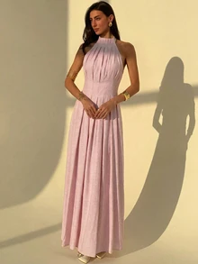 Aloruh 女士夏季连衣裙，时尚褶皱领优雅修身亚麻连衣裙；夏季波西米亚风亚麻修身A字无袖连衣裙；优雅女士无袖亚麻连衣裙；休闲度假连衣裙 - 淺粉色 - 查看 3