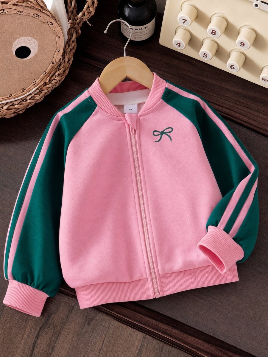 Young Girls Fashion Colorblock Letter Print Short Loose Fit Long Sleeve Stand Collar Zip-Up Motorcycle Baseball Jacket, Suitable For Autumn - Pink - View 1