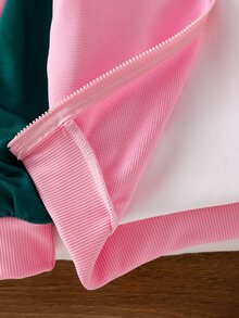 Young Girls Fashion Colorblock Letter Print Short Loose Fit Long Sleeve Stand Collar Zip-Up Motorcycle Baseball Jacket, Suitable For Autumn - Pink - View 6