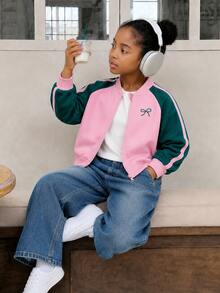 Young Girls Fashion Colorblock Letter Print Short Loose Fit Long Sleeve Stand Collar Zip-Up Motorcycle Baseball Jacket, Suitable For Autumn - Pink - View 8