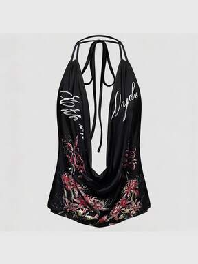 ROMWE Avant Higanbana Slogan Sexy Hot Girl Top de Tirantes con Lazo, Escote Bajo, Espalda Descubierta y Cuello Halter para Mujer