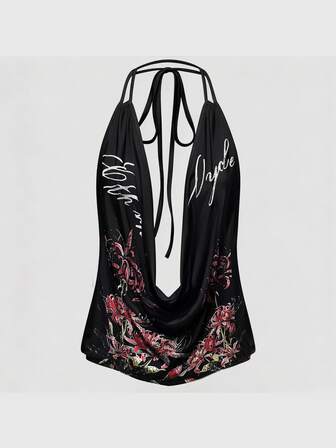 ROMWE Avant Higanbana Slogan Débardeur Sexy pour Femme, Nœud à Nouer, Dos Nu, Col ras-du-cou, Décolleté Bas