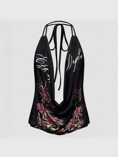 ROMWE Avant Higanbana Slogan Sexy Hot Girl Schleife Tie Low Cut Rückenfrei Neckholder Damen Tanktop