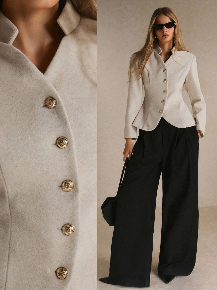 Poéselle Women's Ivory Fitted Wool-Blend Jacket Stand-Collar Single-Breasted Short Coat Gold Buttons Tailored Waist Fall/Winter Office Dinner Elegant