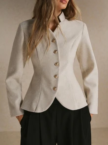 Poéselle Women's Ivory Fitted Wool-Blend Jacket Stand-Collar Single-Breasted Short Coat Gold Buttons Tailored Waist Fall/Winter Office Dinner Elegant - Apricot - View 3