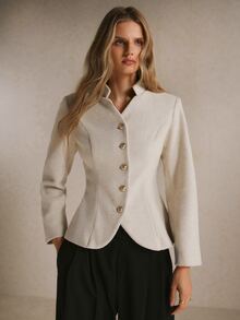 Poéselle Women's Ivory Fitted Wool-Blend Jacket Stand-Collar Single-Breasted Short Coat Gold Buttons Tailored Waist Fall/Winter Office Dinner Elegant - Apricot - View 4
