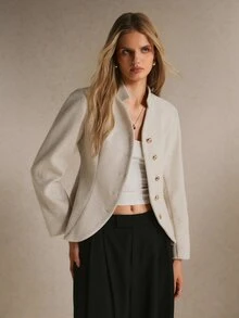 Poéselle Women's Ivory Fitted Wool-Blend Jacket Stand-Collar Single-Breasted Short Coat Gold Buttons Tailored Waist Fall/Winter Office Dinner Elegant - Apricot - View 9
