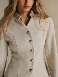 Poéselle Women's Ivory Fitted Wool-Blend Jacket Stand-Collar Single-Breasted Short Coat Gold Buttons Tailored Waist Fall/Winter Office Dinner Elegant - Apricot - View 5