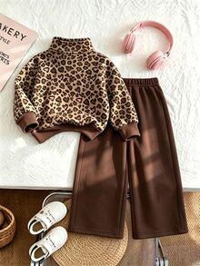 SHEIN 女童 2 件套休閒時尚春秋冬季立領運動衫與寬腿運動長褲套裝，適合日常穿著、街頭風、新風格、時髦女孩、校園風返校造型 - 彩色 - 查看 2