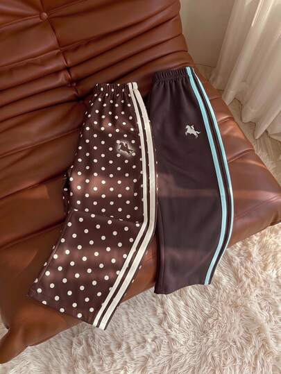 SHEIN Pantalones largos de lunares para niña joven, base marrón oscuro con lunares blancos, estilo vintage suave, textura suave de color marrón sólido, estampado de rayas contrastantes a lo largo de ambos lados, adecuado para ir a la escuela, pasear por el parque, viajes cortos, compras y exploración de tiendas