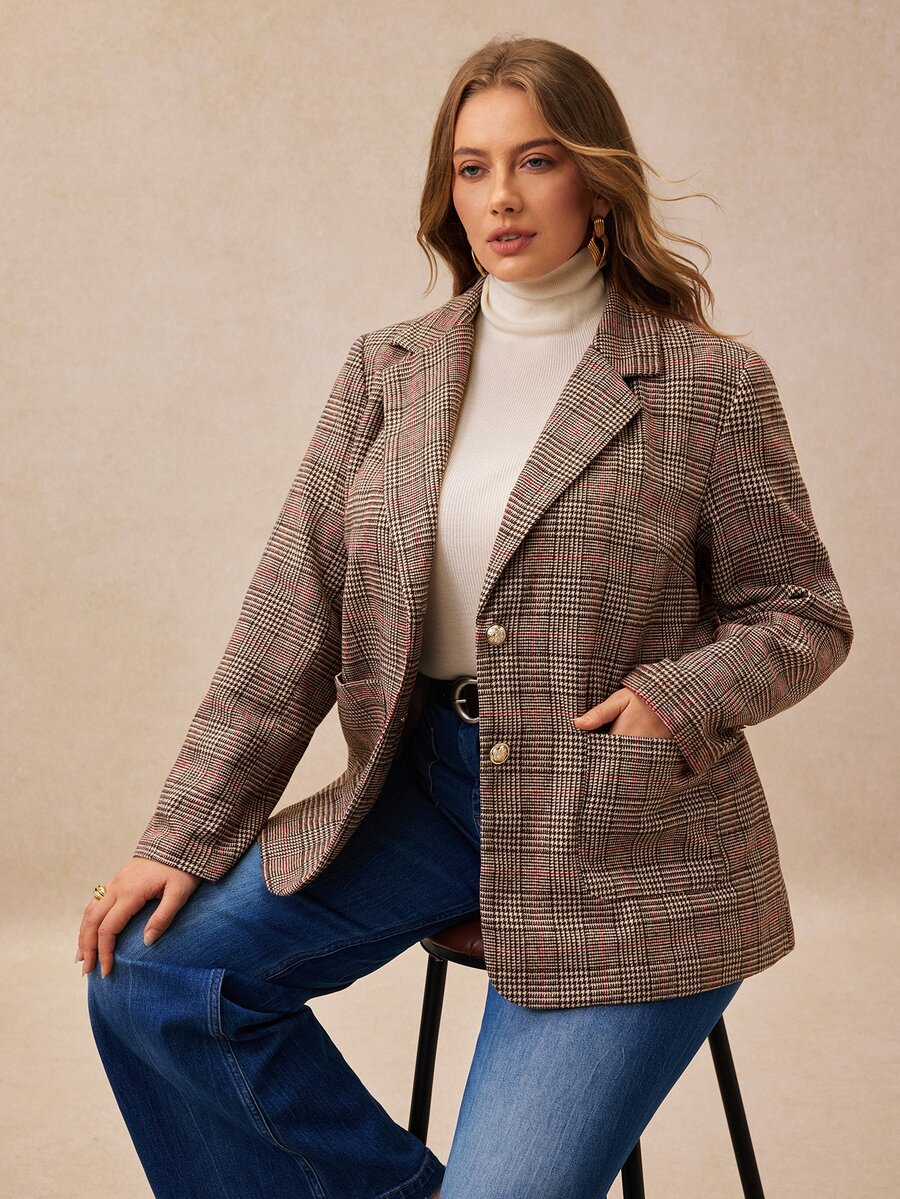 Écloséra Curve Plus Size French Casual Plaid Blazer With Pockets And Full Button Decor - Multicolor - View 1