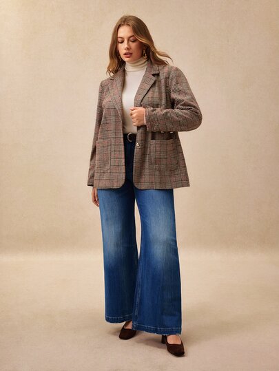 Écloséra Curve Plus Size French Casual Plaid Blazer With Pockets And Full Button Decor