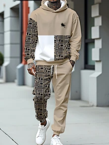 Sorvial Men's Geometric Print Hoodie Sweatshirt Set, Men's Sports Outfit, Suitable For Autumn/Winter - Khaki - View 1