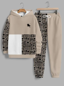 Sorvial Men's Geometric Print Hoodie Sweatshirt Set, Men's Sports Outfit, Suitable For Autumn/Winter - Khaki - View 2