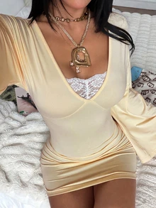 Fiercella Fiercella V領寬袖女款短洋裝，米色秋季性感外出夜店風 - 杏色 - 查看 6