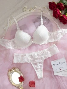Crystal Vow 2pcs Lace Padded Underwire Bra Set For Women - White - View 3