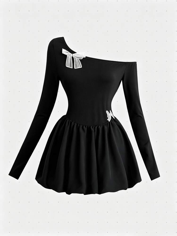 GlowEve Women's Asymmetric Neckline Short Dress With Bow Decor - Black - View 4