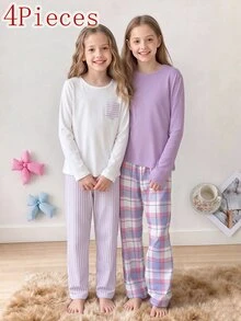 女童淺紫色粉色格紋純色上衣 + 格紋長褲套裝，白色英文字母上衣 + 睫毛印花 + 髮圈 4件套 秋季 - 彩色 - 查看 2