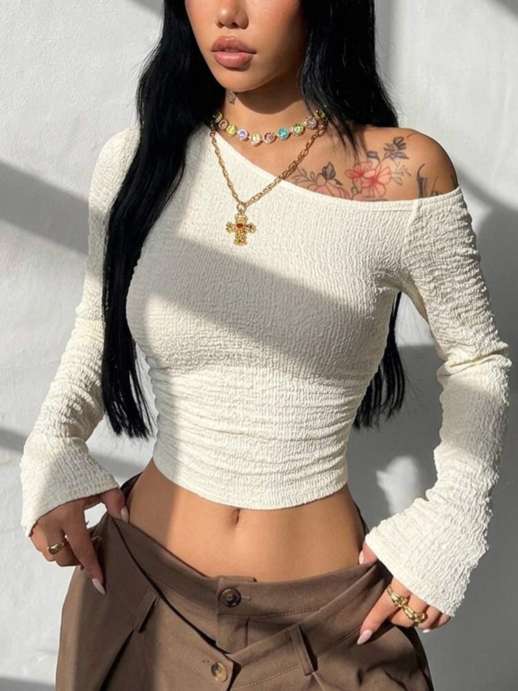 Coolane Women's Plus Size Fall Winter Going Out Casual Formal Elegant Stretchy Daily Wear Asymmetrical Shoulder Ruched Beige T-Shirt - Beige - View 6