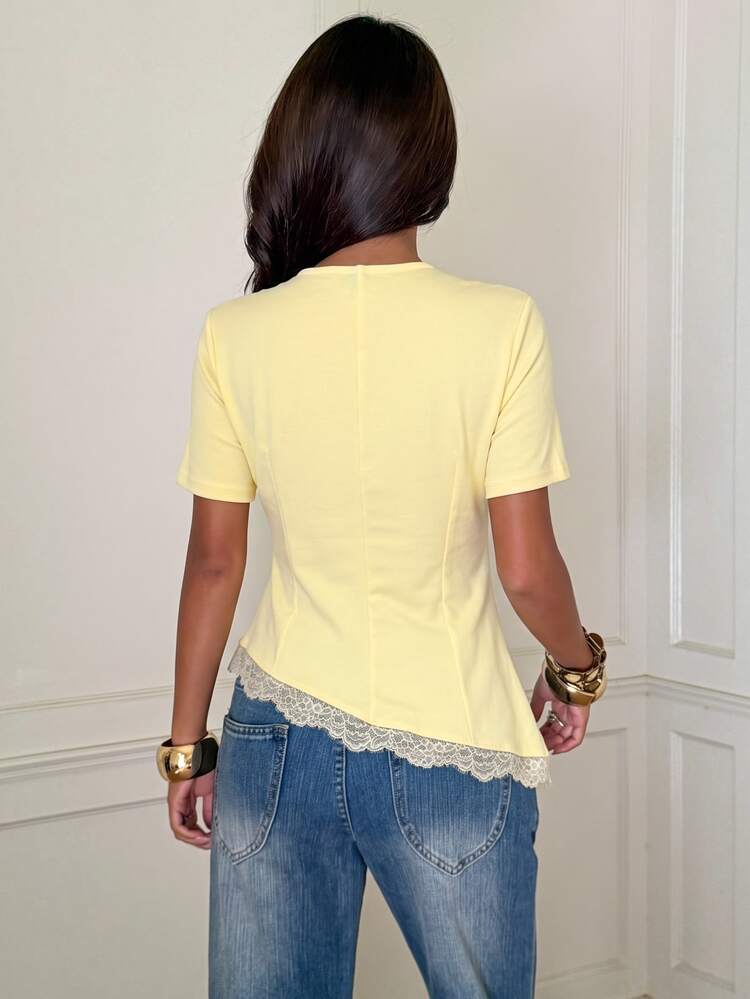 Siren Gaze Women's Contrast Lace Keyhole Neck Short Sleeve Elegant Blouse - Light Yellow - View 2