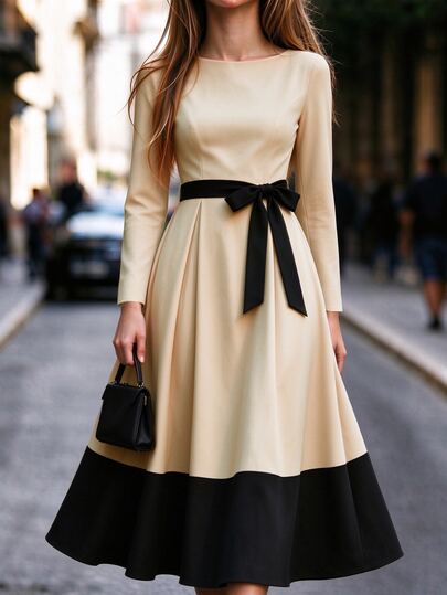 SHEIN Abito elegante da donna a maniche lunghe con scollo tondo e dettaglio con fiocco – Nuovo arrivo autunno 2026 – blocco di colore nero – Adatto per il lavoro e l'abbigliamento casual