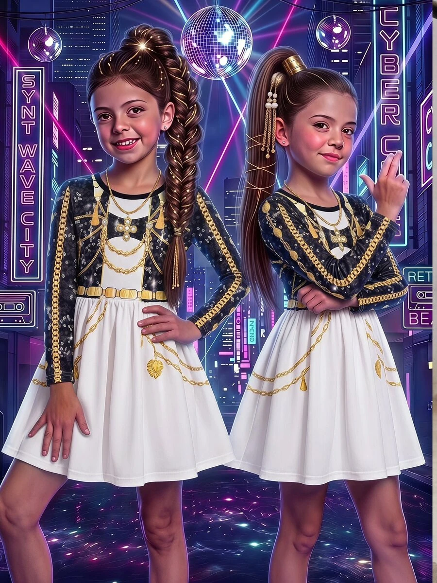 SHEIN 女童小女孩休閒時尚波點掛脖A字洋裝