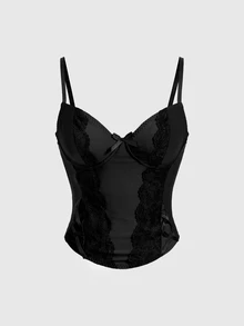 ROMWE Goth YERIMUA Sexy Party Lace Contrast Side Tie Waist Decor Cami Tops - Black - View 1