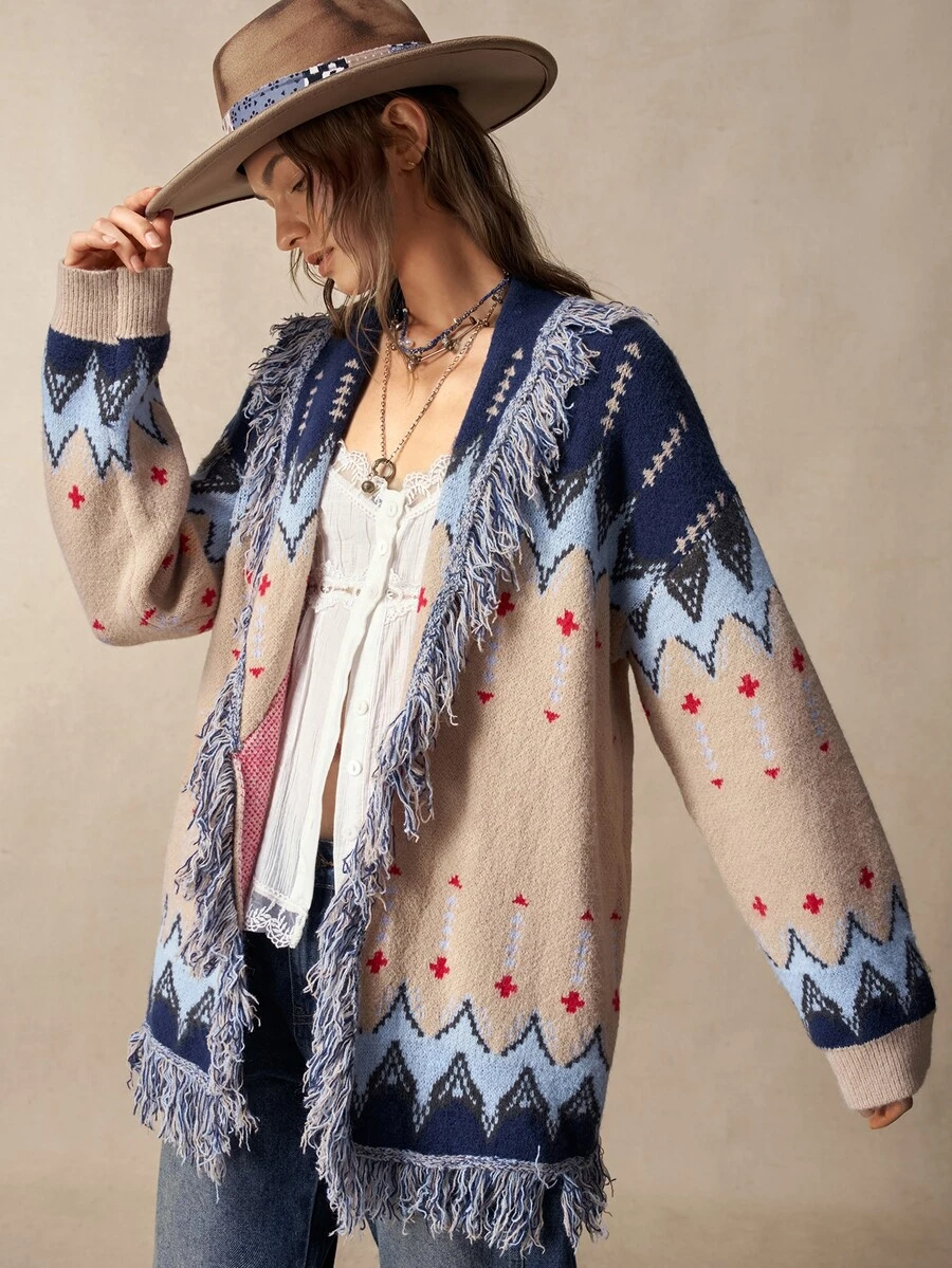 Bohemela Women's Vintage Boho Fair Isle Jacquard Knit Cardigan With Fringe For Fall, Perfect For Vacations, Going Out Everyday Travel Navy Blue Floral - Apricot - View 1