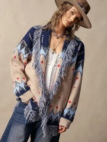 Bohemela Women's Vintage Boho Fair Isle Jacquard Knit Cardigan With Fringe For Fall, Perfect For Vacations, Going Out Everyday Travel Navy Blue Floral - Apricot - View 4