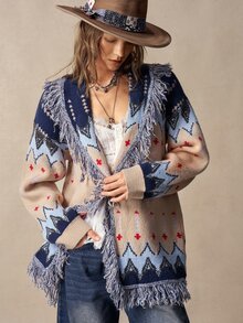 Bohemela Women's Vintage Boho Fair Isle Jacquard Knit Cardigan With Fringe For Fall, Perfect For Vacations, Going Out Everyday Travel Navy Blue Floral - Apricot - View 3