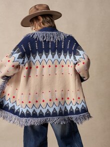 Bohemela Women's Vintage Boho Fair Isle Jacquard Knit Cardigan With Fringe For Fall, Perfect For Vacations, Going Out Everyday Travel Navy Blue Floral - Apricot - View 7