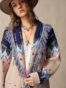Bohemela Women's Vintage Boho Fair Isle Jacquard Knit Cardigan With Fringe For Fall, Perfect For Vacations, Going Out Everyday Travel Navy Blue Floral - Apricot - View 5
